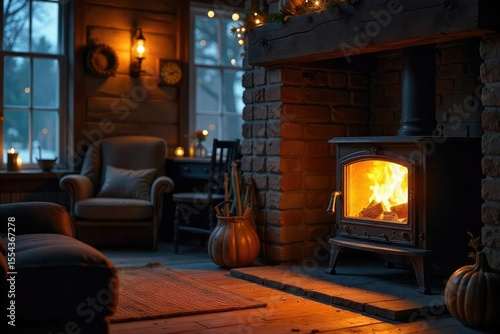 Cozy night scene featuring a warm, inviting wood-burning stove, glowing embers, and rustic interior details Perfect for autumn or winter themes , autumn, tranquil