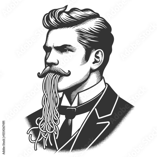 serious man in formal clothing with spaghetti flowing from his mouth in surreal fashion sketch engraving generative ai fictional character vector illustration. Scratch board. Black and white image.