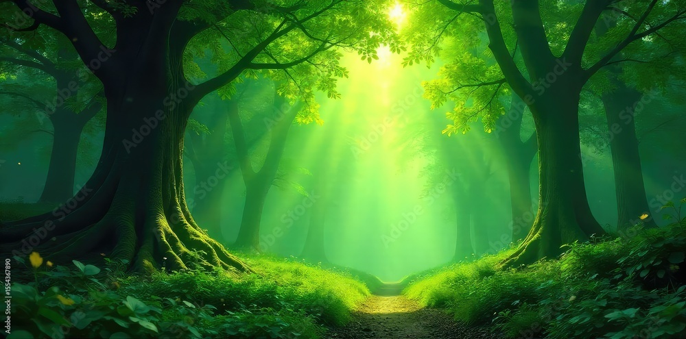 Fototapeta premium Lush, vibrant green forest canopy teeming with sunlight filtering through leaves, creating a mystical, idyllic scene Perfect for fantasy, nature, and environmental themes , ecosystem, jungle