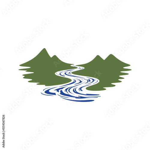 Logos of rivers, creeks, riverbanks and streams. River logo with combination of mountains and farmland with concept design vector illustration template