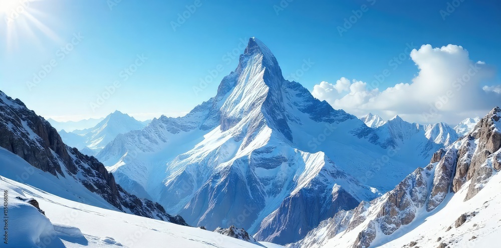 Fototapeta premium Majestic snowcapped mountain peak piercing a vibrant blue sky, sunlight illuminating pristine snow and rocky slopes A breathtaking winter landscape scene , majestic, alpine