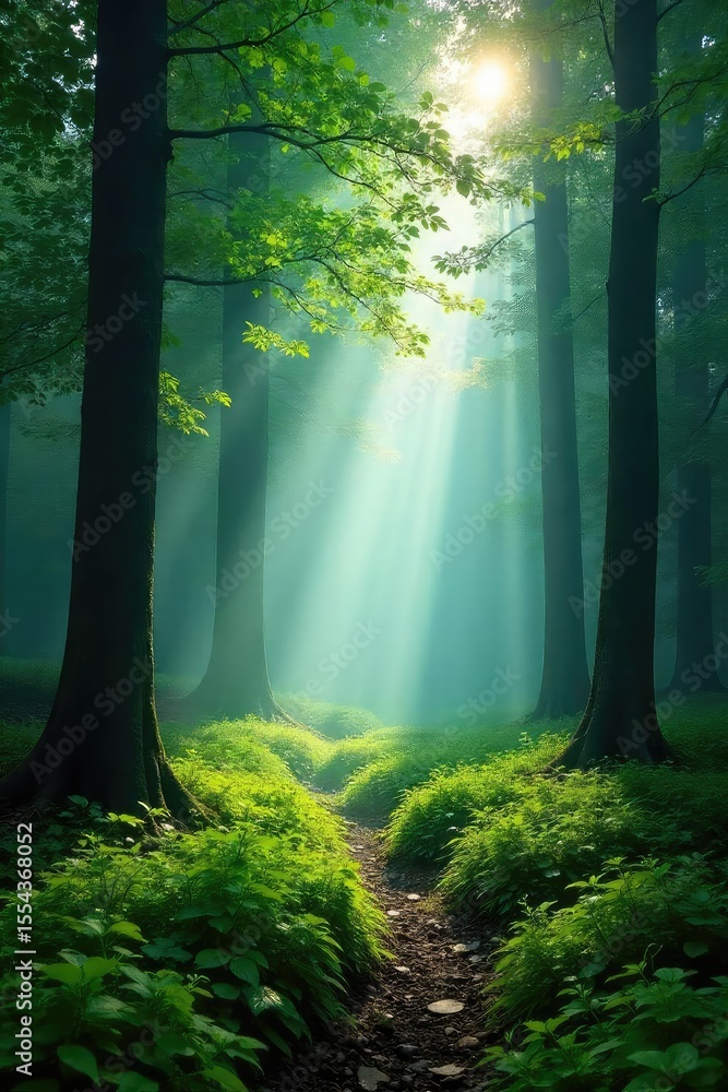 Fototapeta premium Misty morning in a Carpathian forest, sunlight filtering through ancient trees, dew-kissed leaves, vibrant green foliage, serene atmosphere , morning, dawn, beauty
