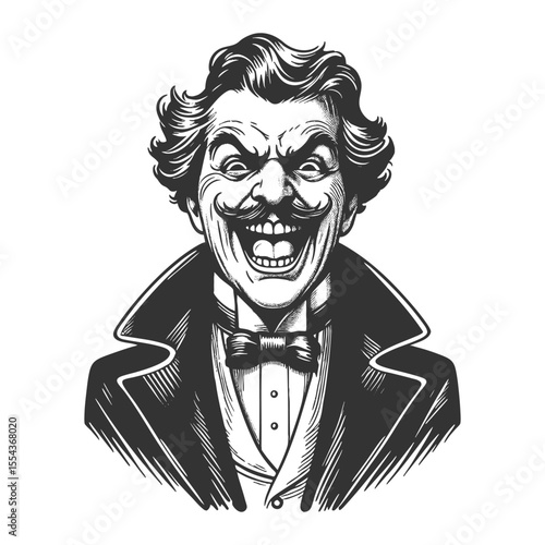 man with wild eyes and a wide, unsettling grin, dressed in formal 19th-century clothing sketch engraving generative ai fictional character vector illustration. Scratch board imitation. Black and white