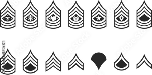 A complete set of army ranks from private to the highest rank of sergeant, a set of icons of military army ranks in black.