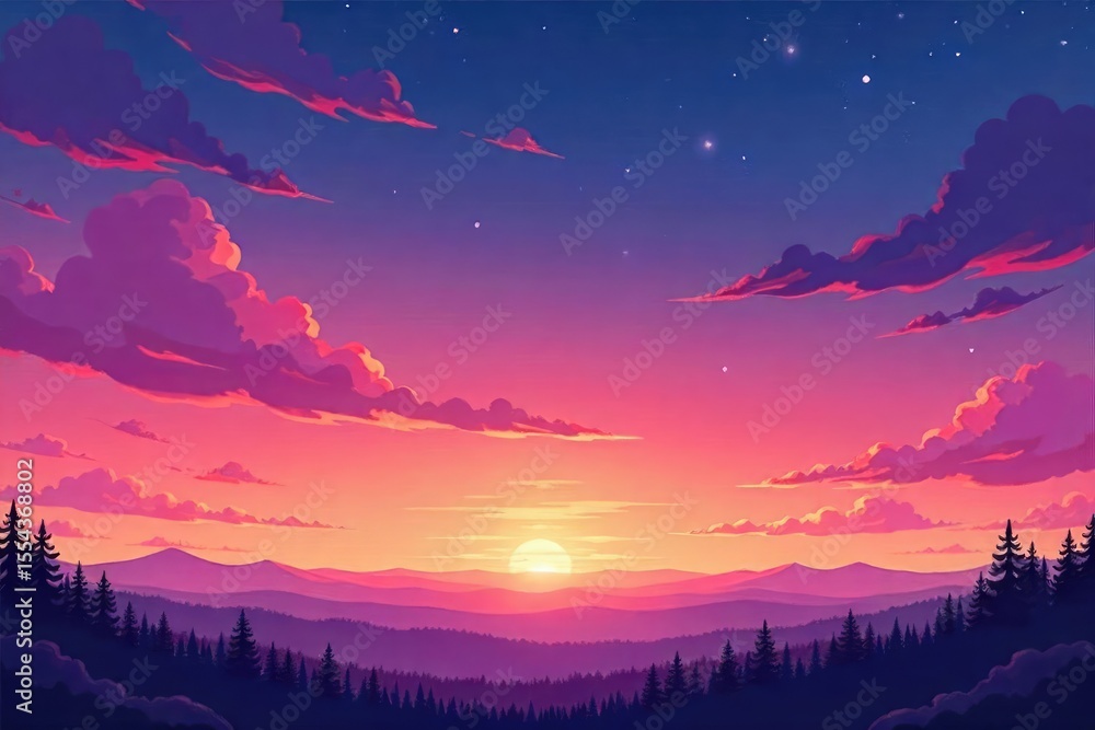 Fototapeta premium Stunning twilight sky with vibrant orange, pink, and purple hues Perfect for design projects needing a dramatic and peaceful backdrop Ideal for calendars, websites, and more , light, purple