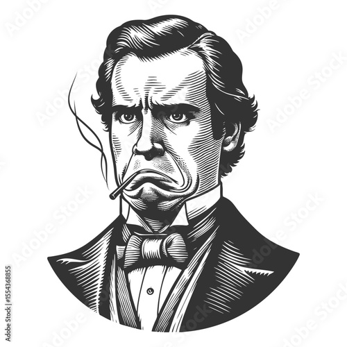 stern, frowning man in vintage formalwear, holding a cigarette with smoke curling upward sketch engraving generative ai fictional character vector illustration. Scratch board. Black and white image.