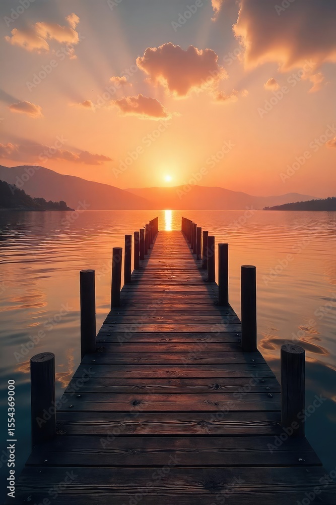 Fototapeta premium Tranquil scene of a wooden dock extending into calm waters, meeting a serene shoreline at sunset Perfect for travel, nature, or relaxation themes , clouds, dock, texture