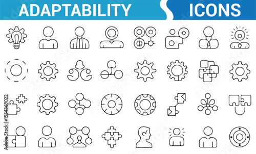 Set of vector icons for adaptability, focusing on innovation, teamwork, and flexibility.