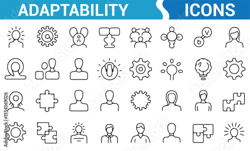 Adaptability symbols featuring gears, people, and creative solutions for business design.