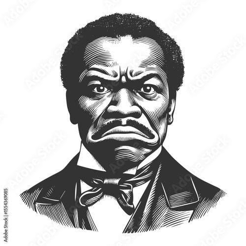 stern-looking man in formal attire, frowning intensely with exaggerated facial features sketch engraving generative ai fictional character vector illustration. Scratch board. Black and white image.