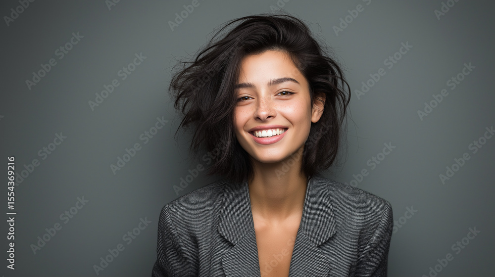 Obraz premium Happy young businesswoman smiling confidently in blazer, professional portrait. Success, ambition, and modern elegance in the workplace.