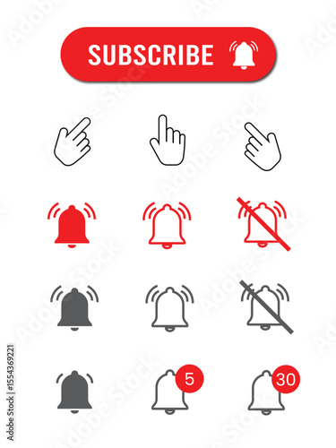 Subscribe Button with Click Hand and Notification Bell Icons Set, Mute, Alert, and Bubble Count