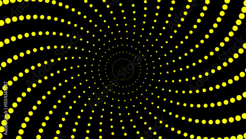Abstract yellow dot spiral pattern forming a vortex on a black background. Ideal for backgrounds, optical illusion designs, or science fiction themes.