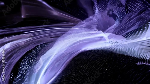 Abstract purple and white light trails flow dynamically creating mesmerizing curved patterns with smooth particle effects and luminous streaks against dark background for digital art