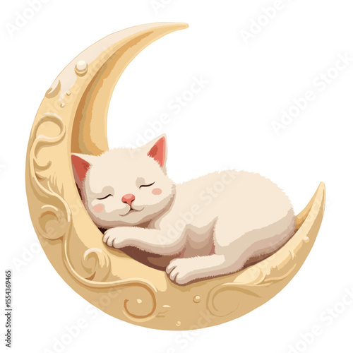 Crescent moon cradle with a sleeping cat no background