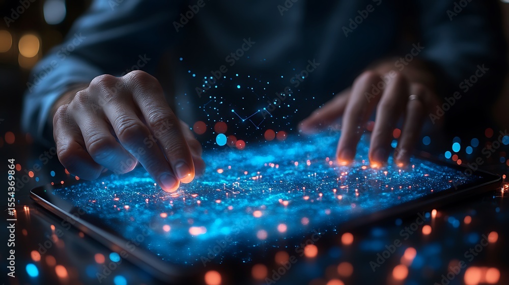 Naklejka premium Hands interacting with digital tablet displaying data