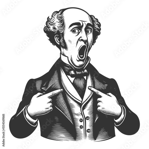 surprised man in vintage clothing, mouth agape, dramatically pointing at himself in disbelief sketch engraving generative ai fictional character vector illustration. Scratch board. Black and white.