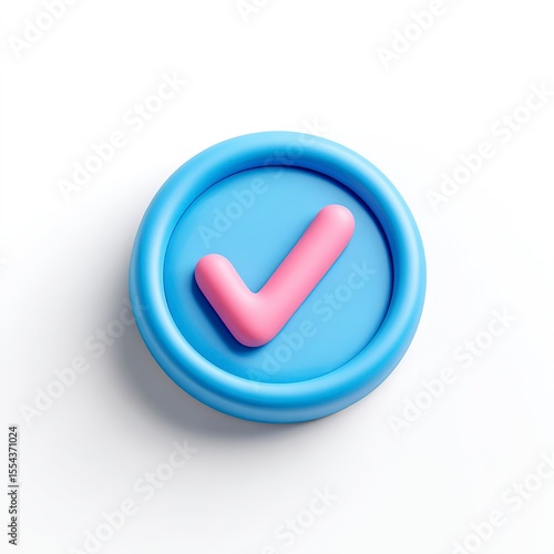 Icon of a of a bright pink checkmark on a blue sticker on a white background. 