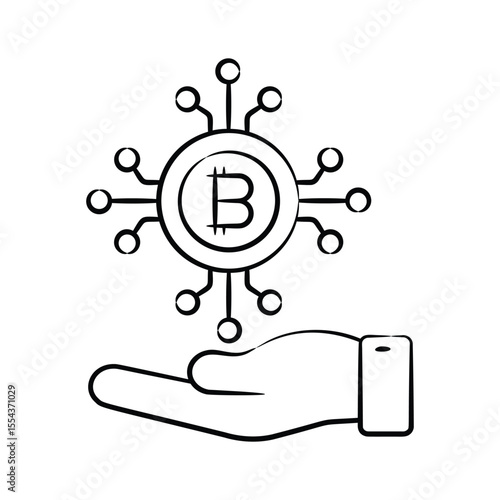 A hand holding digital bitcoin asset, hand drawn icon