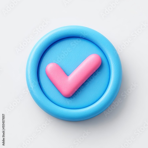 Icon of a of a bright pink checkmark on a blue sticker on a white background. 