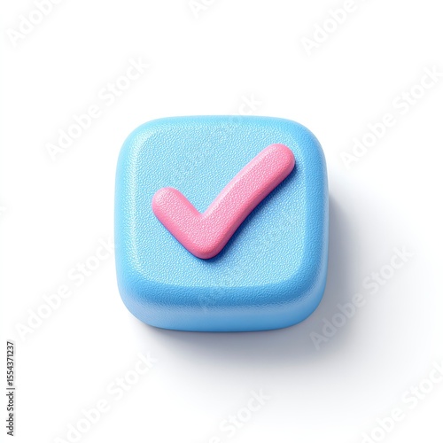 Icon of a of a bright pink checkmark on a blue sticker on a white background. 