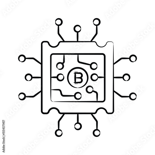 Ready to use hand drawn style icon of bitcoin chip with nodes