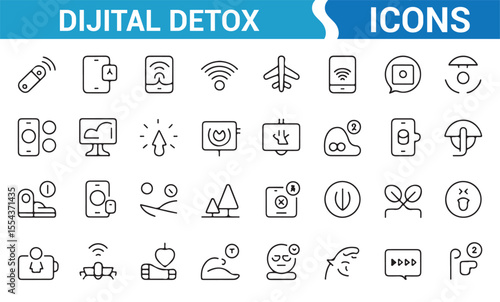 Set of digital detox icons representing technology breaks, nature, and relaxation for wellness.