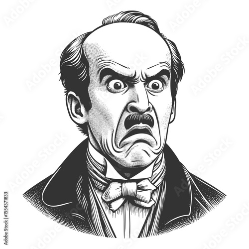 man with a disgusted facial expression, drawn in humorous retro style sketch engraving generative ai fictional character vector illustration. Scratch board imitation. Black and white image.