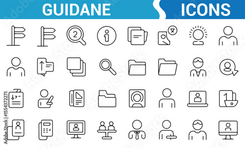 Set of guidance icons for navigation, support, and direction in digital and physical spaces.