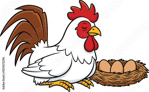 Cartoon chicken sitting near nest, cute hen character, fresh eggs illustration, farm animal clipart, poultry cartoon design, funny livestock drawing, barnyard vector art