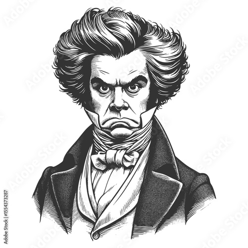 Funny furious man with exaggerated wild hair, intense eyes in vintage attire sketch engraving generative ai fictional character vector illustration. Scratch board. Black and white