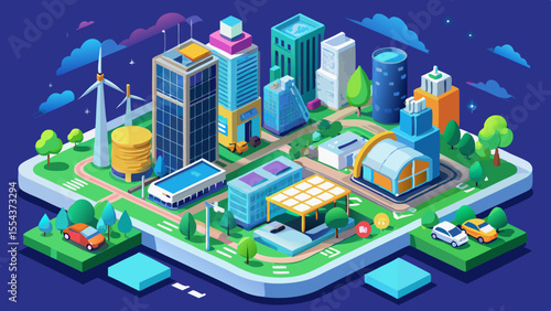 smart city, isometric, urban, architecture, modern buildings, green energy, future city, eco-friendly, 3D map, skyscraper, infrastructure, innovation, clean tech, roads, network, planning, solar panel
