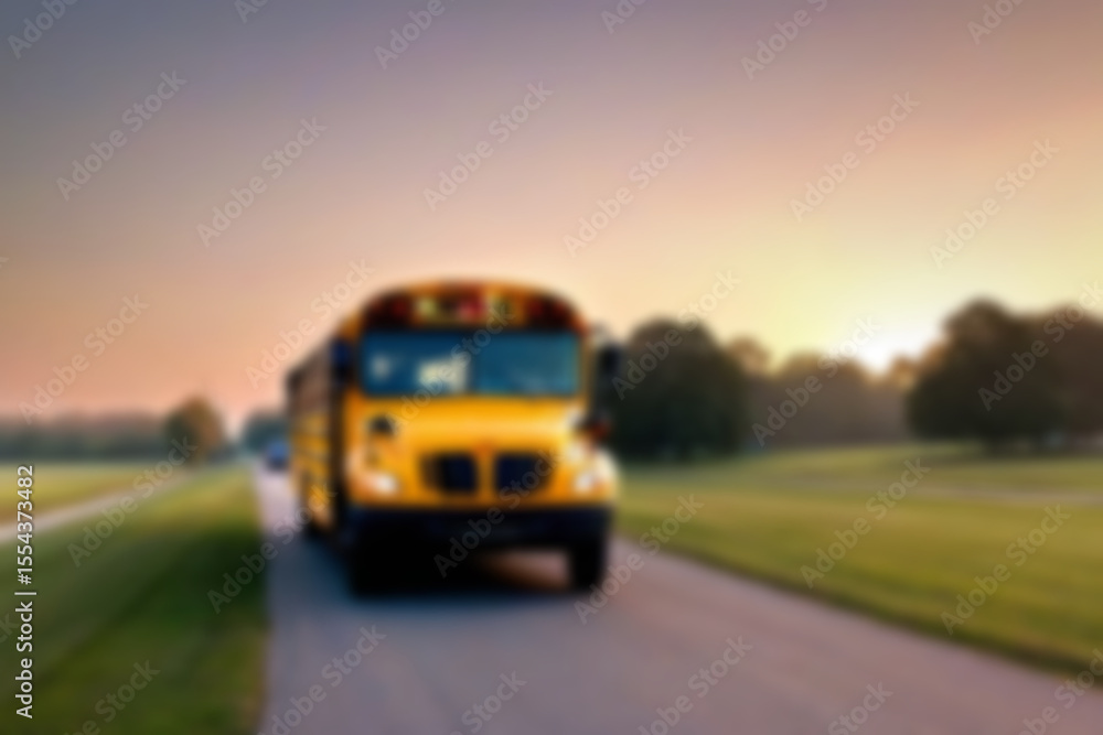 Obraz premium blurry photo of yellow school bus in the morning with sunrise in the bright sky
