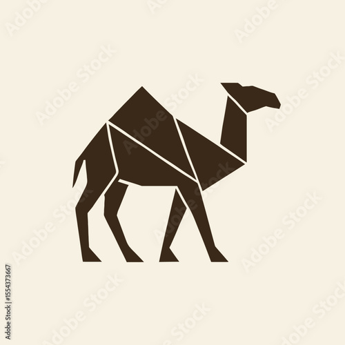 Origamistyle angular dark brown camel illustration on a pale background