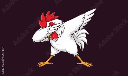 Funny cartoon chicken dabbing pose, cool rooster character, hip hop animal, trendy dance move, stylish mascot, white feathers, red cap, vector artwork, fun design