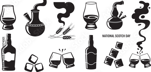 Black and white icons of whisky bottles glasses ice cubes and barley scotch drink