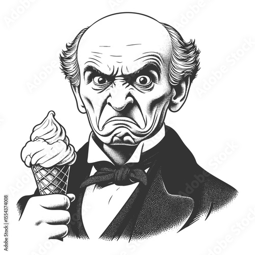 furious man in formal attire holding an ice cream cone, combining humor with vintage style sketch engraving generative ai fictional character vector illustration. Scratch board. Black and white image.