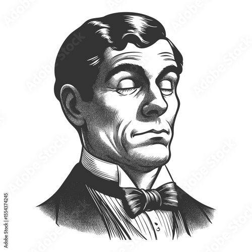 man in formal attire with eyes closed and a calm, introspective facial expression sketch engraving generative ai fictional character vector illustration. Scratch board. Black and white image.