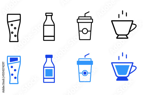 Drink and beverages line and flat icons set. Cocktail glasses and drinks. Different shapes and styles for bar or restaurant use. For app or web UI. Editable vector illustration