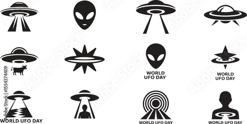 Collection of black and white U F O and alien icons for World U F O Day flying saucer
