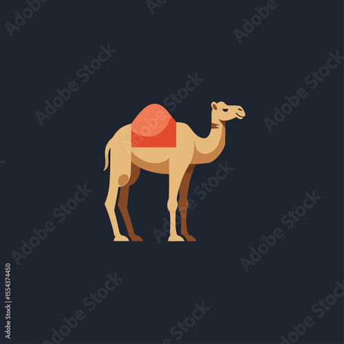 A stylized camel stands against a dark backdrop featuring a geometric flat design