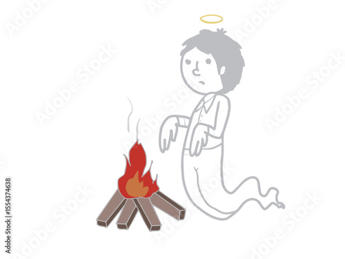 Illustration of a ghost invited by a mukaebi fire to welcome the deceased