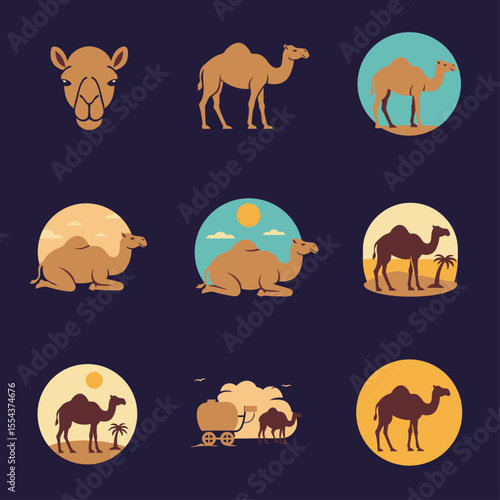 A grid of nine camel icons some standing some lying down and some stylized