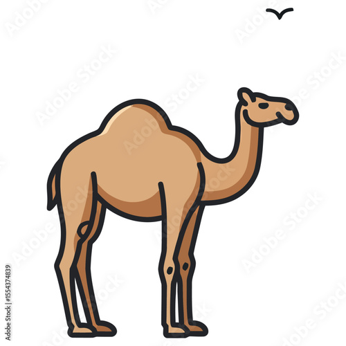 A camel tan with black outline stands against a white backdrop a tiny bird figure in the upper right