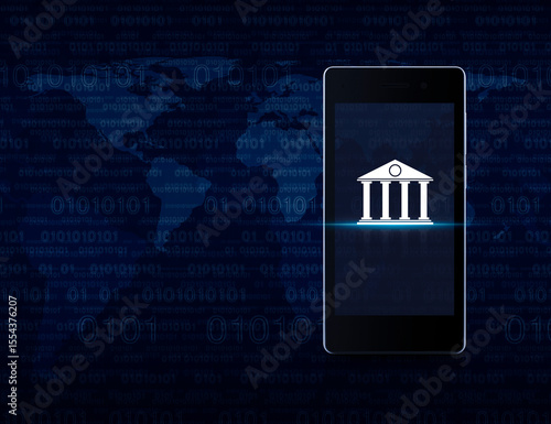 Fototapeta Naklejka Na Ścianę i Meble -  Bank flat icon on modern smart mobile phone screen over computer binary code blue background, Mobile banking concept, Elements of this image furnished by NASA