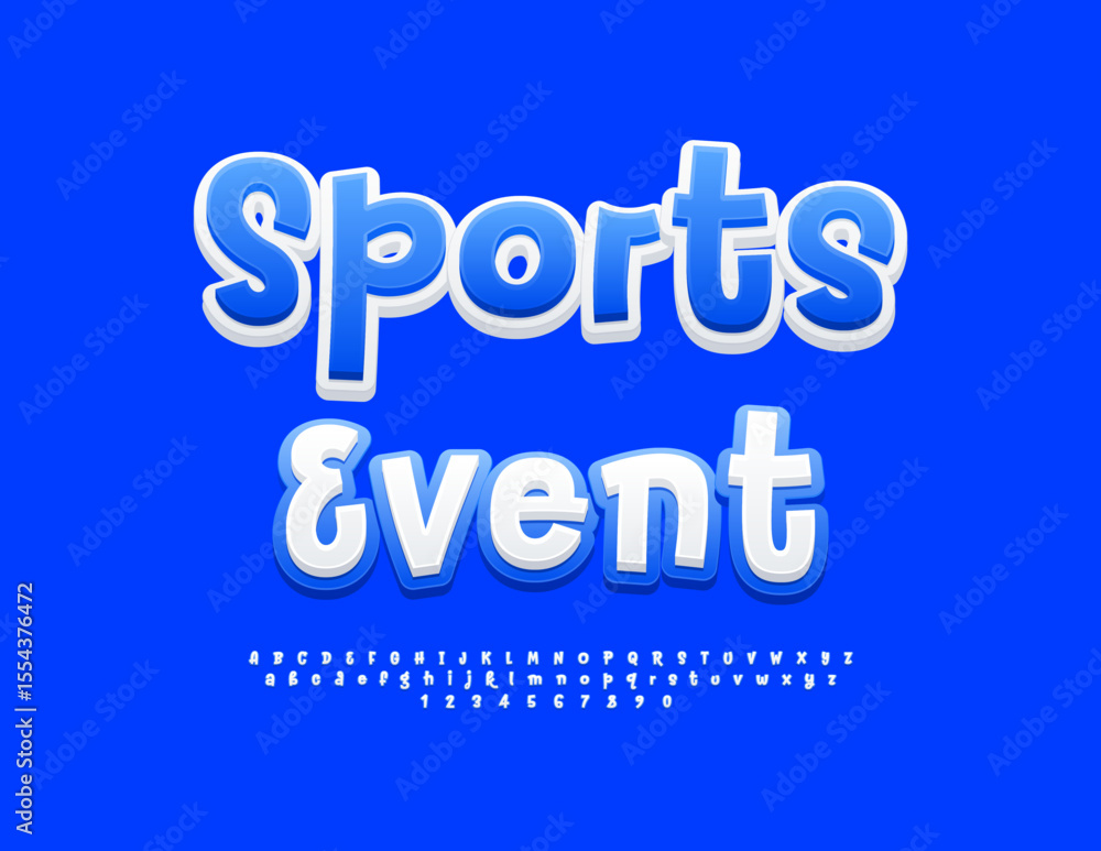 Vector Playful sign Sports Event. Bright White and Blue Font. Creative Handwritten Alphabet Letters and Numbers set. Vector Playful sign Sports Event. Bright White and Blue Font. Creative Handwritten Alphabet Letters and Numbers set.