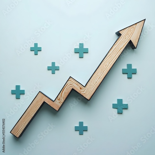 Wooden Arrow Upward with Medical Plus Signs on Light Background