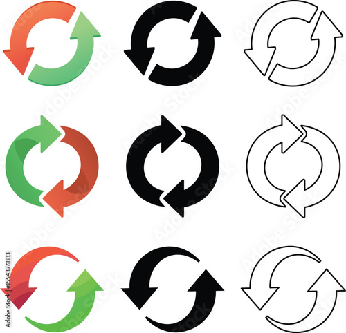 Diverse collection of circular arrows icons in various colors and styles for user interface designs