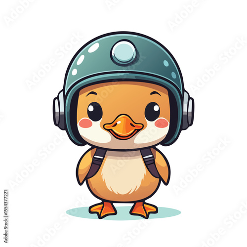 Minimal Flat Vector of a Cute Duckling in Retro Helmet – Bold Black Outline, Happy Expression