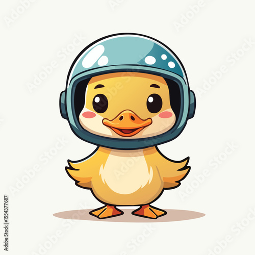 Minimal Flat Vector of a Cute Duckling in Retro Helmet – Bold Black Outline, Happy Expression
